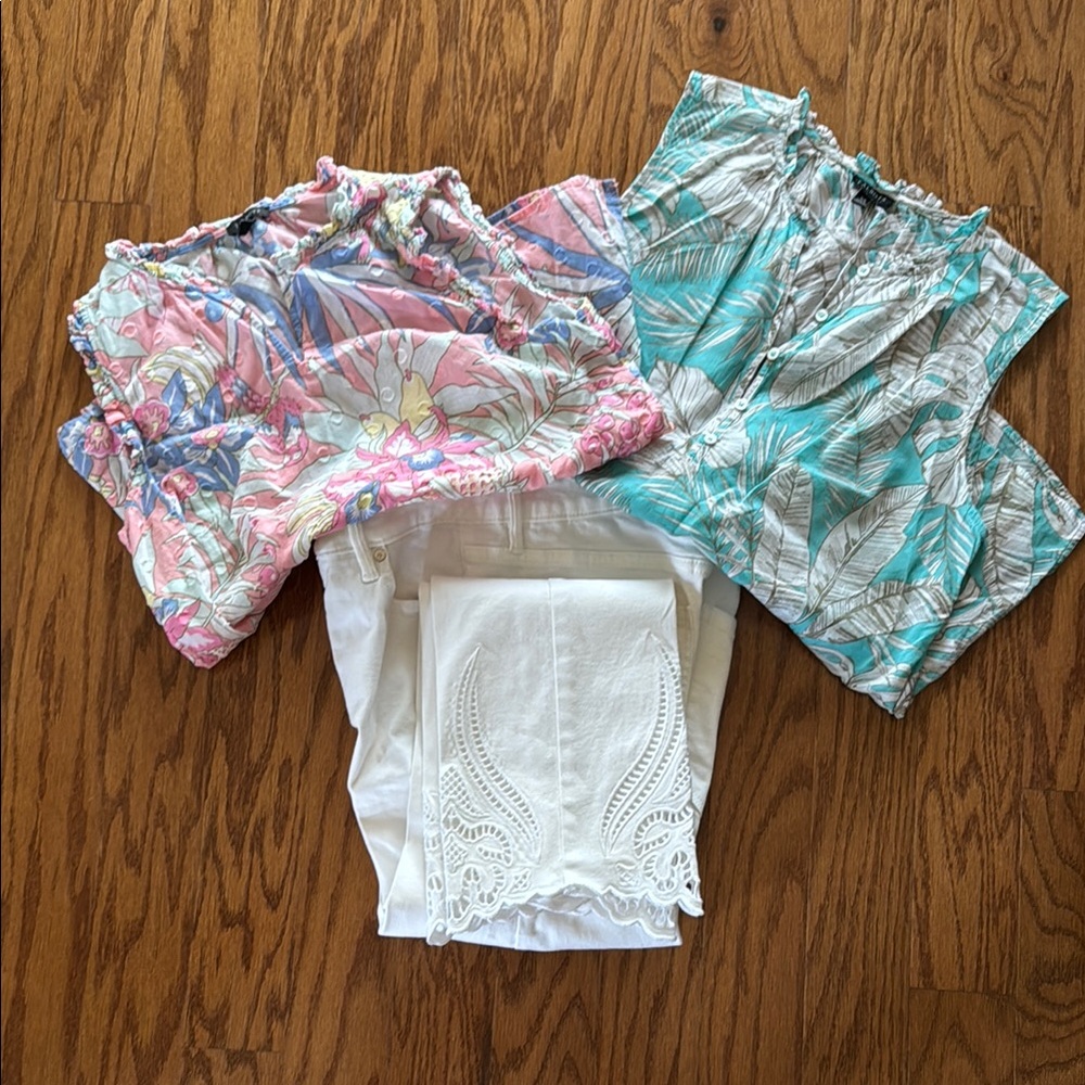 Bundle Talbots Floral Blouses and WHBM White Lace Pants Set